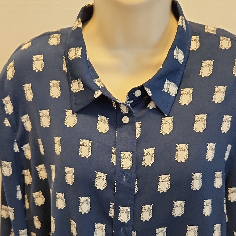 J.Crew Navy Blue Patterned Owl Button-Up Shirt XL - Picture 2 of 6